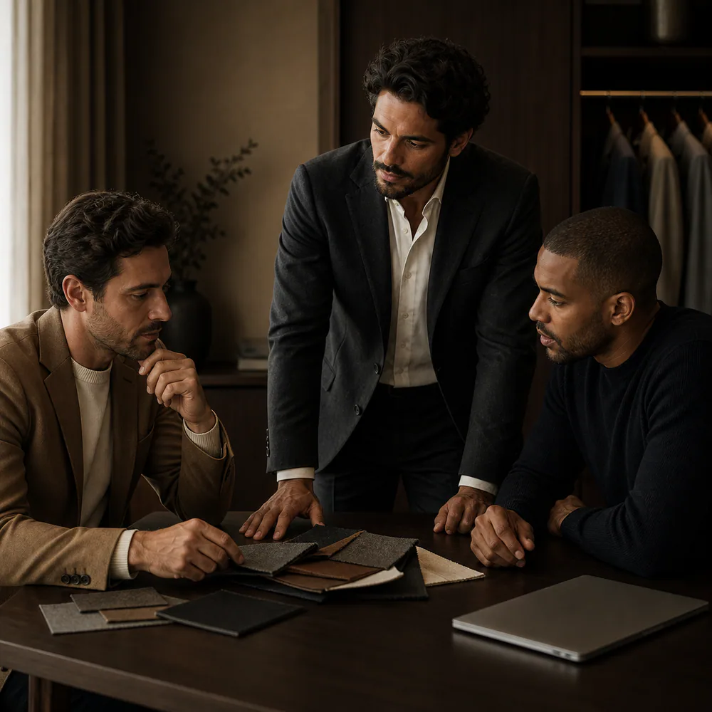 Três executivos discutindo estilo e tecnologia